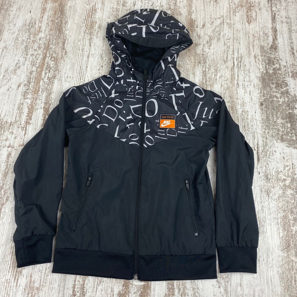 Nike Just Do It Windrunner Jacket Boys Small Black Hooded Full Zip‎ CK0958-010